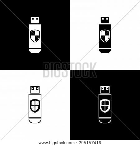 Set Usb Flash Drive And Protection Shield Icons Isolated On Black And White Background. Line, Outlin