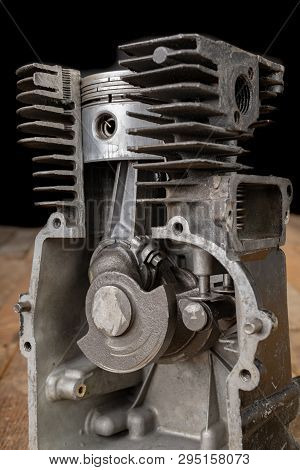 A Four-stroke Gasoline Engine In Section. The Interior Of A Single-cylinder Internal Combustion Engi