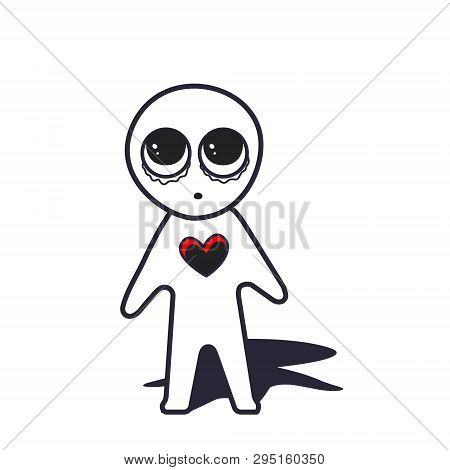 Cartoon Figure A Man With Blue Heart Becouse He Missing, Cruing And Fall In Love. Vector Illustratio