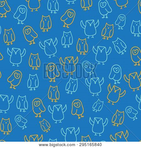 Blue Orange Cute Owl Illustration Seamless Pattern Design Background. Perfect For Nursery, Fashion, 