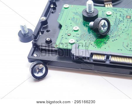 Hard Drive Hard Drive Fixing Bolt Close-up Visible Microcircuit Storage Of Data Data Close-up On Whi
