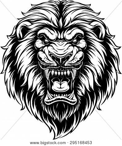 Vector Illustration, Head Of A Ferocious Lion, Black Contour On A White Background