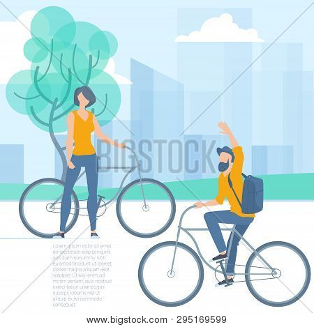 Flat Design Vector Illustration Of People In The Urgan Park Riding Bicycle. Park, Urban Landscape, T
