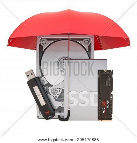 Hard Disk Drive Hdd, Solid State Drive Ssd, M2 Ssd And Usb Flash Drive Under Umbrella, Protection Co
