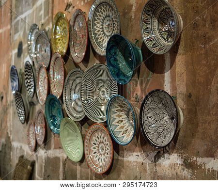 Traditional Ceramic Pottery On The Wall Of Morocco Bazaar, Marakesh