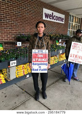 NORWALK, CT,  USA - APRIL12, 2019: People on strike are standing outside Stop and Shop on 385 Connecticut Avenue.