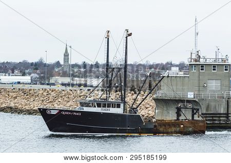 New Bedford, Massachusetts, Usa - April 12, 2019: Scalloper Queen Of Peace  Transiting Hurricane Pro