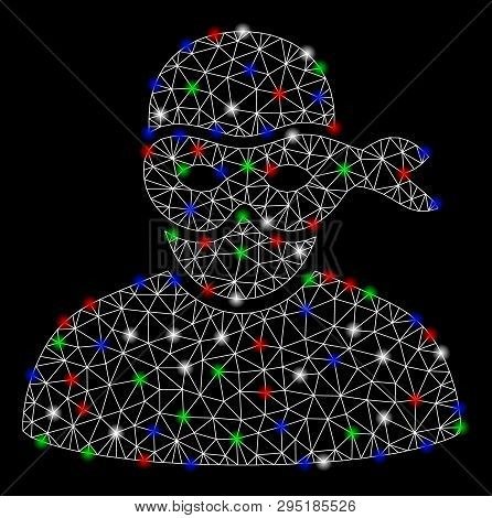 Bright Mesh Anonimious Thief With Glare Effect. White Wire Carcass Polygonal Network In Vector Forma