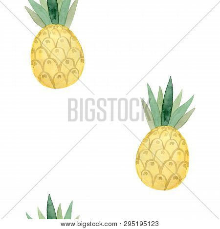 Seamless Pattern. Watercolor Pineapple Fruit. Hand Drawn Summer Illustration. Design For Fabric, Pac