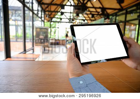 Businessman Hand Working On Tablet On Wooden Desk Tablet With Blank Screen Mockup Digital Tablet Com