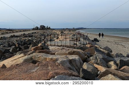 Duxbury, Massachusetts - April 7, 2019: Beautiful Early Spring View Of Duxbury Beach At Sunset With 