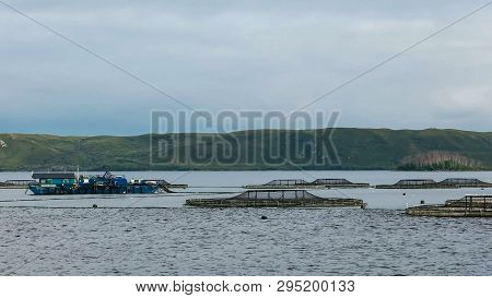 Salmon Pens And Service Facilities In Macquarie Harbour, Tasmania