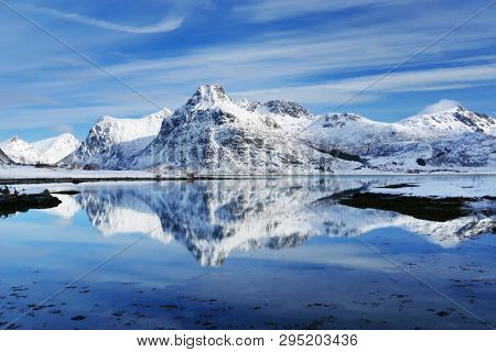 Alpine landscape reflexion in Lofoten Archipelago, Norway, Europe