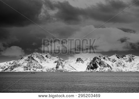 Winter harsh landscape in Lofoten Archipelago, Norway, Europe