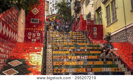 Rio De Janeiro, Brazil- 25, May, 2016: Tourists At Selaron Steps In Rio De Janeiro