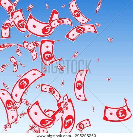 British Pound Notes Falling. Random Gbp Bills On Blue Sky Background. United Kingdom Money. Attracti
