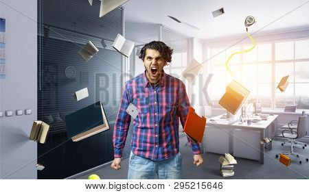 Young man in casual clothes shouting out loud. Mixed media