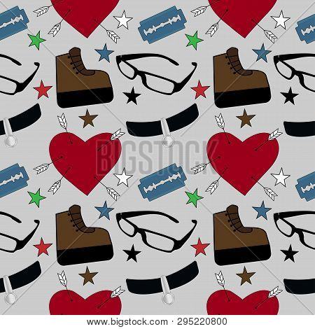 Teenage Girl Stuff With Gray Background. Seamless Pattern