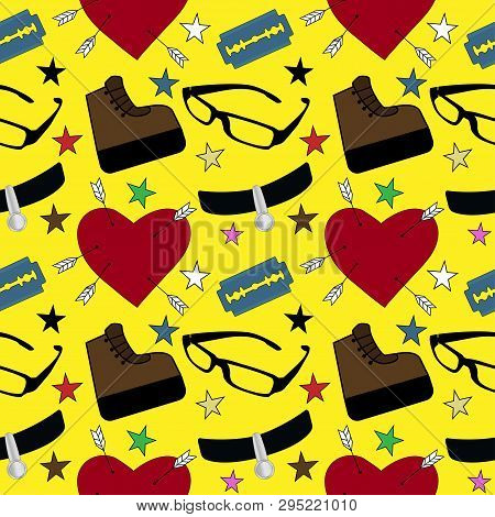 Teenage Girl Stuff With Yellow Background. Seamless Pattern