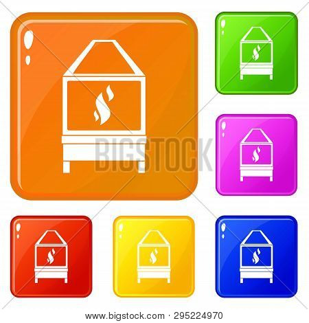 Blacksmith Oven With Flame Fire Icons Set Collection Vector 6 Color Isolated On White Background