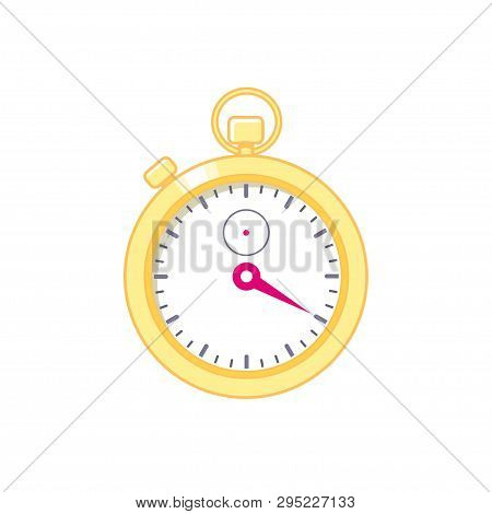 Electronic Digital Stopwatch Made From Gold Metal With Red Arrow In Flat Style. Vector Illustration 