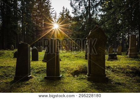 Pansky Vrch, Czech Republic / Europe - April 1 2019: Tombstones With Hebrew Letters On Old Jewish Ce