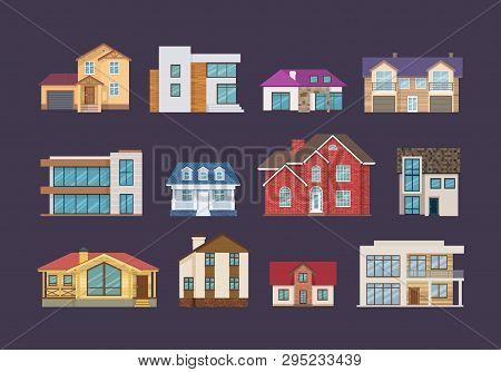 Set Of Colorful Country Houses, Cottages, Holiday Mansions, Hotels, Guesthouse.