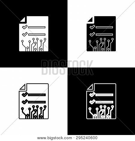 Set Smart Contract Icons On Black And White Background. Blockchain Technology, Cryptocurrency Mining