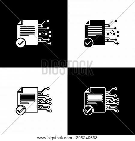 Set Smart Contract Icons On Black And White Background. Blockchain Technology, Cryptocurrency Mining