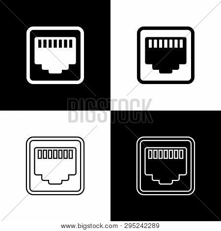 Set Network Port - Cable Socket Icons Isolated On Black And White Background. Lan, Ethernet Port Sig