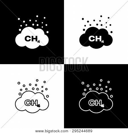 Set Methane Emissions Reduction Icons Isolated On Black And White Background. Ch4 Molecule Model And