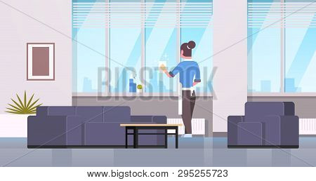 Woman In Gloves And Apron Cleaning Windows With Rag Cleaner Spray Rear View Housewife Doing Housewor