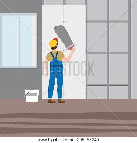 Workers Put Plaster, Installing Gypsum Plasterboard Panels In The Interior. Vector Illustration, Iso