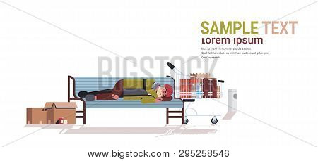 Poor Man Sleeping Outdoor Drunk Beggar Lying On Wooden Bench Homeless Concept White Background Horiz