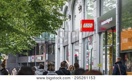 Prague, Czechia - 12th April 2019: The Red Lego Logo Outside The Museum And Store In Downtown Prague