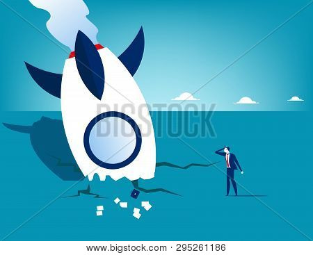 Rocket Crash And Businessman. Concept Business Technology Vector Illustration.