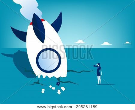 Rocket Crash And Businesswoman. Concept Business Technology Vector Illustration.