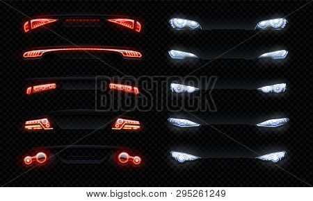 Realistic Car Headlights. Front And Rare Led Automobile Lights With Different Shapes, Red Tail Glowi