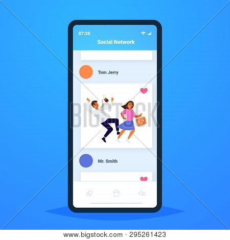 Woman Knocking Man With Coffee Cup Falling Down Failure Accident Concept Online Mobile Social Networ