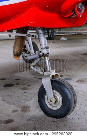 Landing Gear Close Up, Light Sport Aicraft Wheel, Nose Gear With Damper And Exhaust