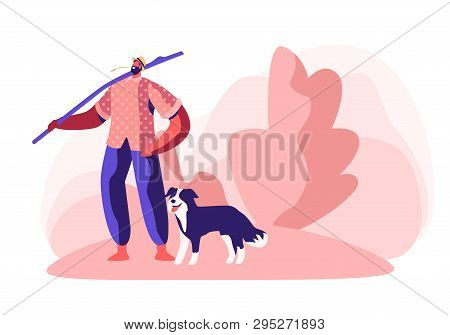Young Barefoot Man In Chaff Hat Stand With Long Stick On Shoulder And Straw In Mouth With Dog Near H