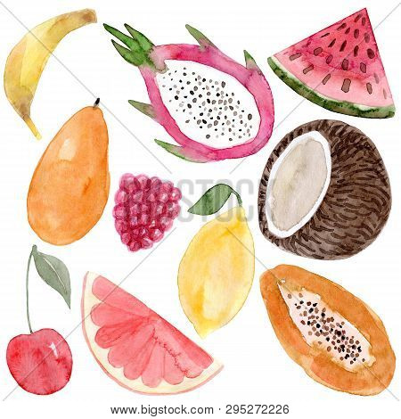 Watercolor Pitaya, Banana, Coconut, Watermelon, Papaya, Lemon, Mango, Raspberry, Cherry, Grapefruit.