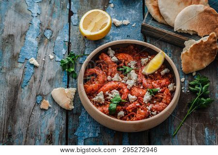 Big Shrimps In Tomato Sauce With Feta Cheese Or Saganaki, Copy Space