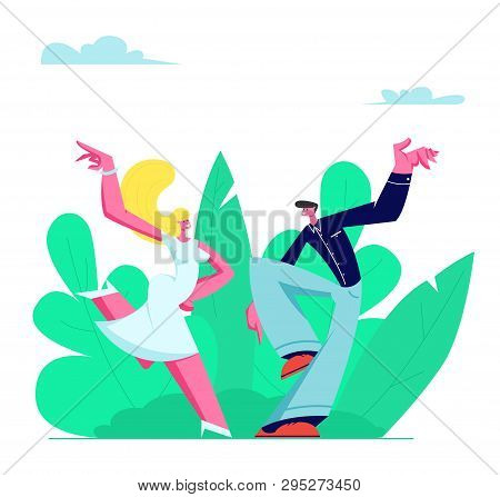 Young Couple Sparetime With Dancing Outdoors, People Active Lifestyle, Man And Woman In Loving Or Fr