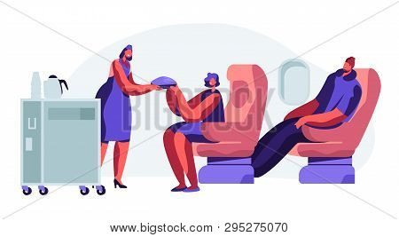 Cabin Of Plane With Stewardess And Passengers, Mealtime In Economy Class. Woman, Man On Seats. Hoste
