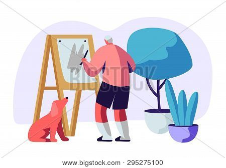Senior Man Artist Hobby. Old Male Painter Hold Paintbrush In Hand In Front Of Canvas On Easel Drawin