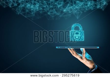 Digital Tablet Face Detection And Identification (id) Concept. Polygons Padlock With Face Is Metapho