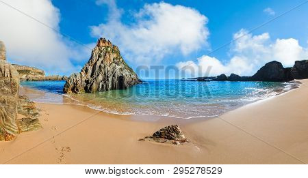 Summer Sandy Mexota Beach And Pointed Rock Near, Spain. Atlantic Ocean Coastline Landscape.