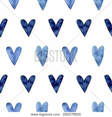 Seamless Pattern With Hand Painted Indigo Blue Watercolor Hearts. Valentines Day, Aquarelle Illustra