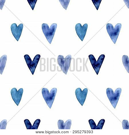Seamless Pattern With Hand Painted Indigo Blue Watercolor Hearts. Valentines Day, Aquarelle Illustra